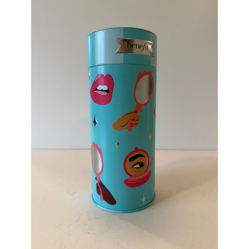 Benefit Cosmetics Teal Blue PopArt Metal Storage Tin Cylindrical Makeup Canister